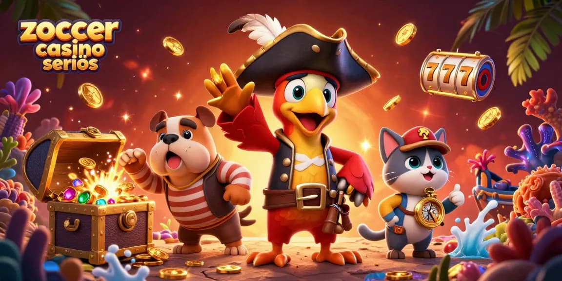 Zoccer Casino seriös: 3D Illustration mit einem Kapitän, Bulldogge und Katzen-Navigator im Casino-Ambiente.