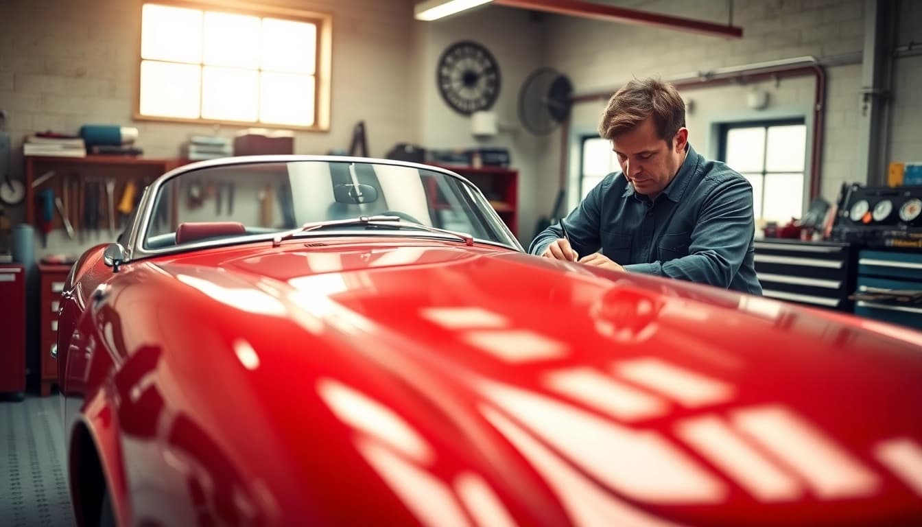Oldtimer Gutachten im Prozess, mit einem klassischen Auto und professionellen Inspekteuren in einer eleganten Garage.