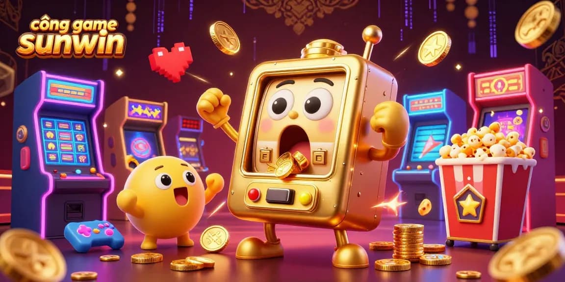 Experience the excitement of cổng game sunwin with a golden slot machine hitting a jackpot amidst a vibrant casino scene.