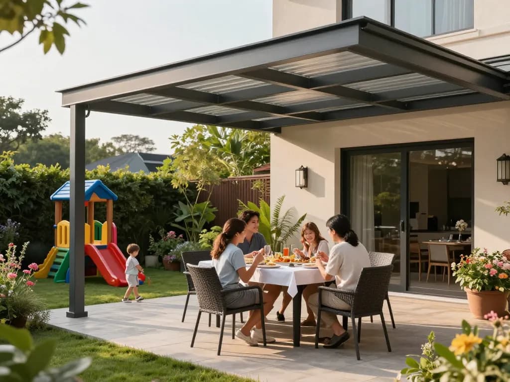Elegantes Essimern im Freien unter einer modernen Terrassenüberdachung, die Familienfreude und üppiges Grün zeigt.