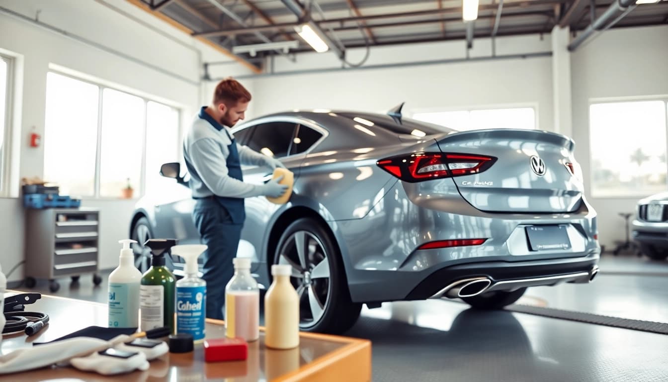 Professionelle leasing rückläufer aufbereitung eines Autos mit glänzendem Finish und sauberen Werkzeugen.