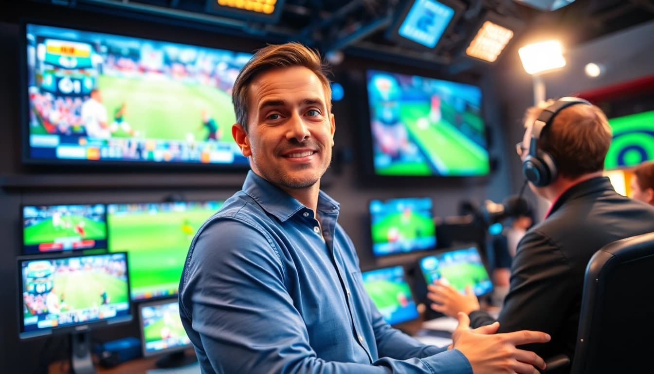 Engaged broadcaster presenting live Sports Broadcasting in a vibrant studio.