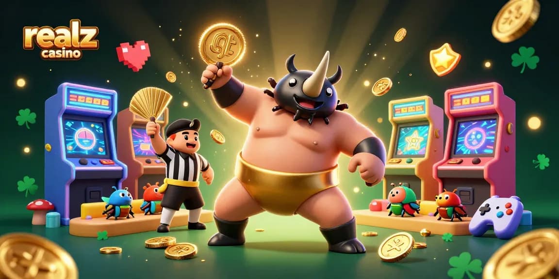 Experience the thrill of realz casino with a dynamic 3D scene of Gambling champions and prizes.