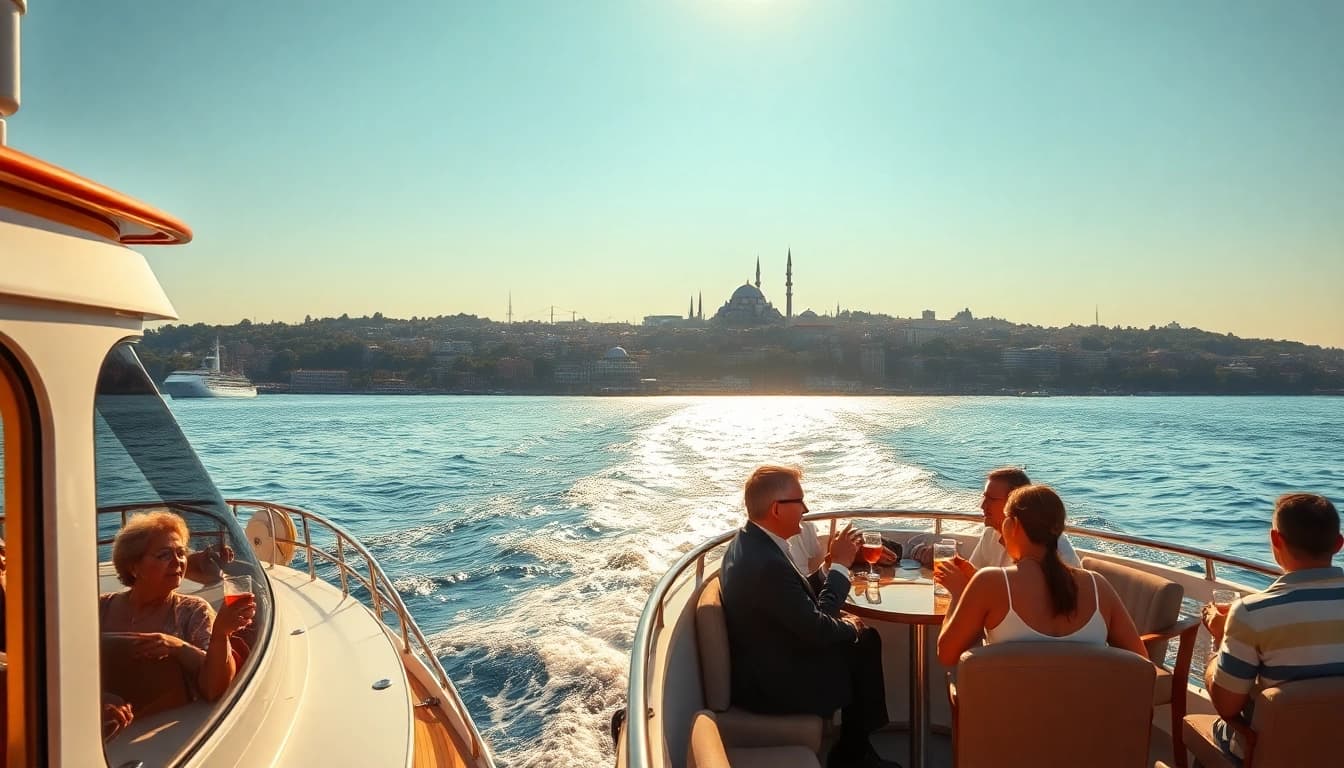 Vorbeifahrende Istanbul Bosphorus cruises zeigen Luxus und den Hintergrund der Stadt