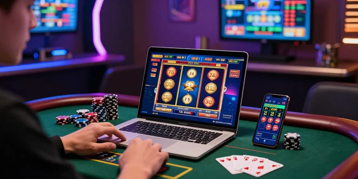 User engaged with FAFA828 online casino games on a laptop in a vibrant gaming room, showcasing excitement with poker chips and statistics screens.