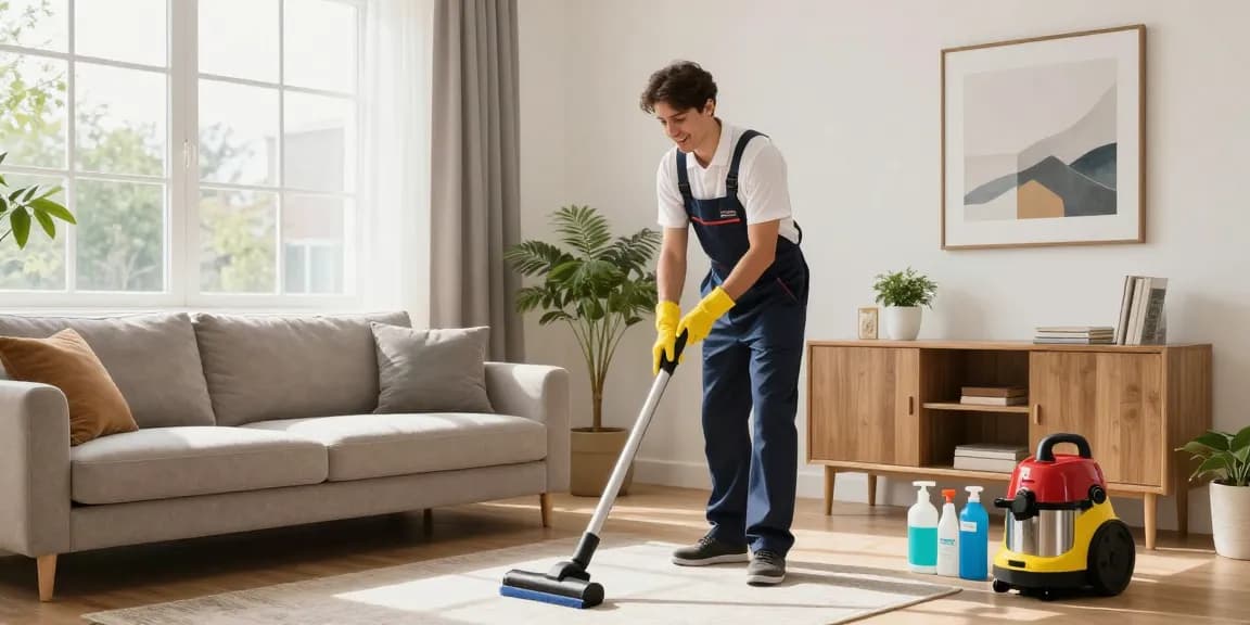 Professional cleaner in a bright living room showcasing reinigungsfirmen in bern service quality.