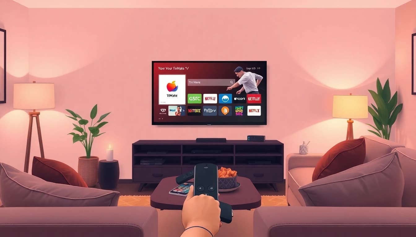 TiviMate auf Fire TV Stick installieren, präsentiert in einem gemütlichen Wohnzimmer mit einem Benutzer, der das Streaming genießt.