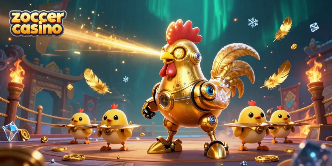Zoccer casino features an epic retro-futuristic golden rooster robot surrounded by baby chick drones and dynamic casino elements.