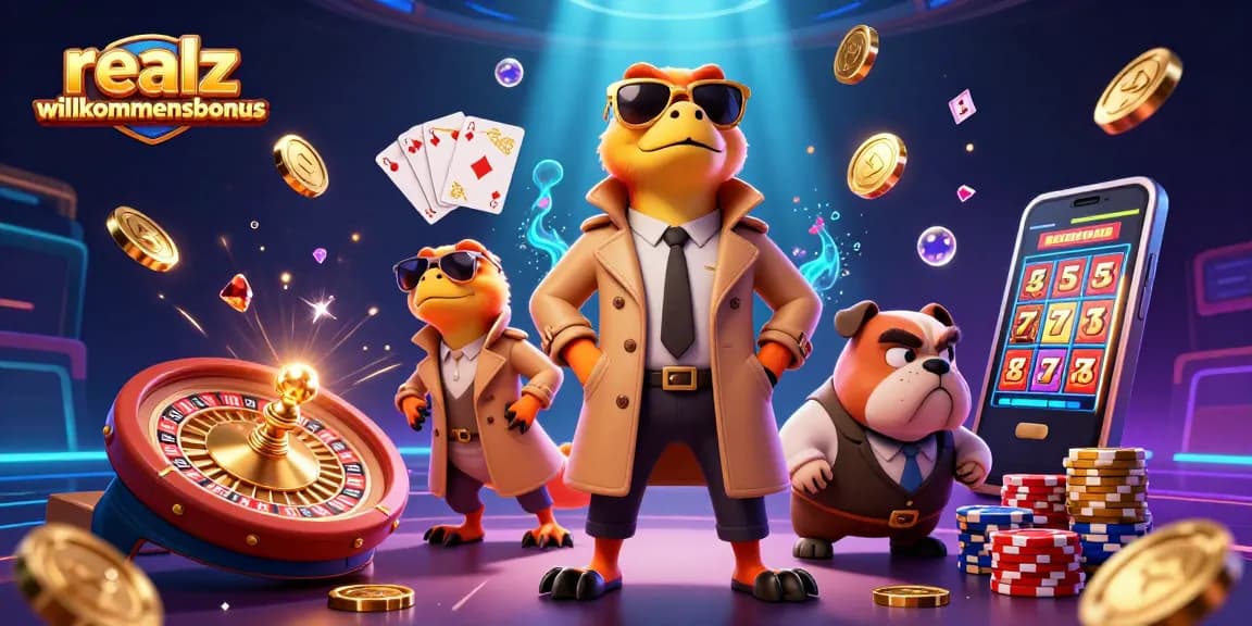 Erlebe den realz Casino Willkommensbonus mit aufregenden Casino-Elementen in einer 3D-Illustration.