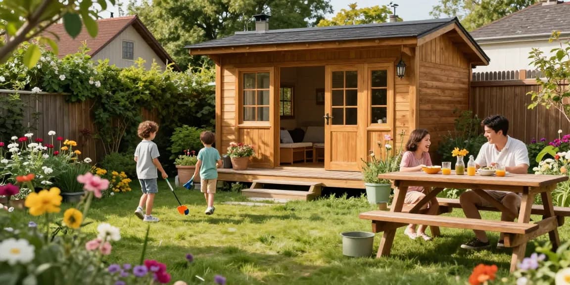 Garten Haus umgeben von blühenden Pflanzen, Familie genießt den Sommer.