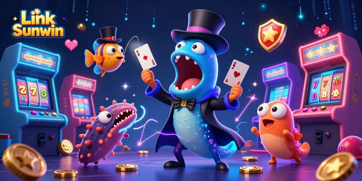 Engage with Link Sunwin as a bioluminescent eel dazzles with card tricks in a vibrant casino scene.