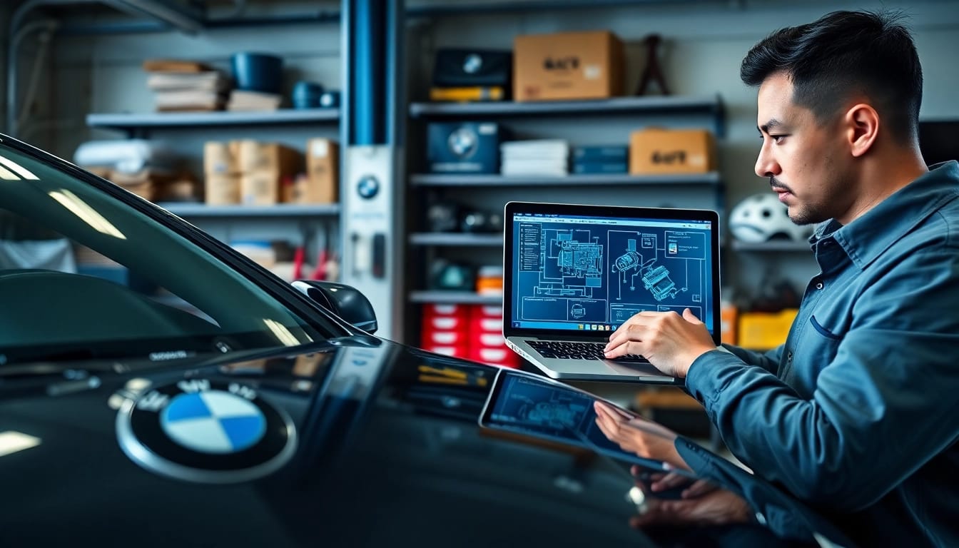 BMW Codierer analysiert ECU in einer modernen Werkstatt mit Laptop.