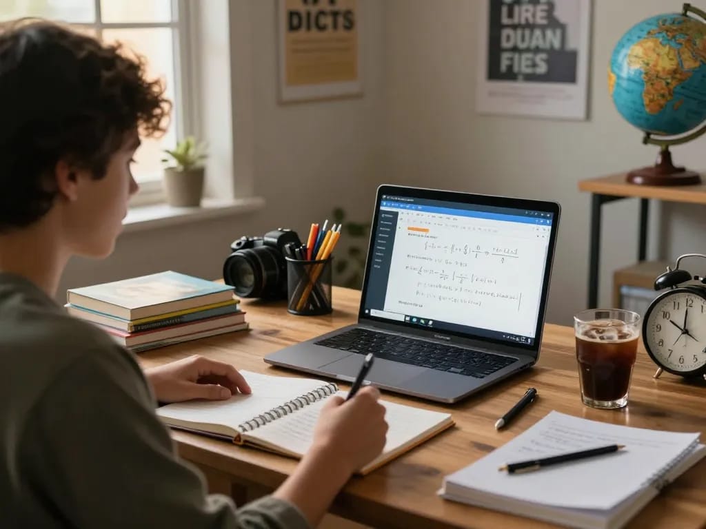 Student nutzt die Hausaufgaben Löser App zur Unterstützung bei den Hausaufgaben in einem gemütlichen Arbeitszimmer.