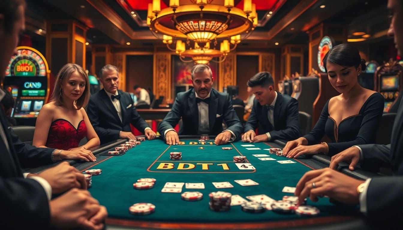 Players engaged in high-stakes poker at a BDTK1 themed casino table.