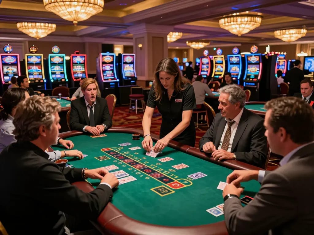 Players engage in thrilling blackjack at a vibrant Las Vegas casino, with nohu-themed details elevating the gaming experience.
