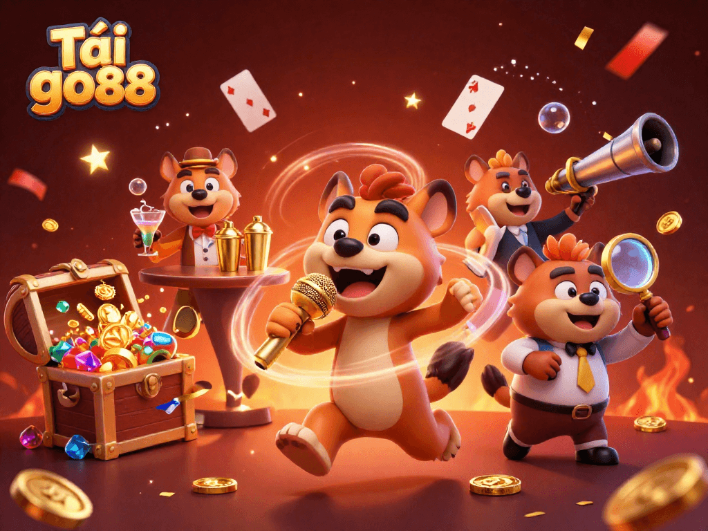 Win big at Tải go88 with 3D hyenas having fun in a comedy casino club, surrounded by gold coins and cards