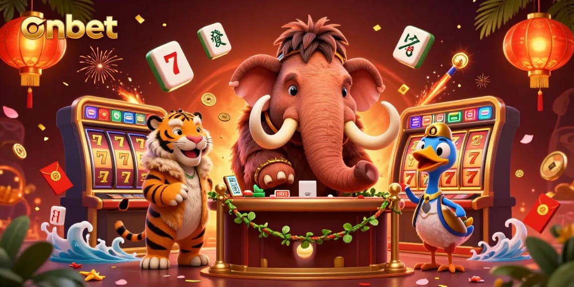Engage in high-stakes action at onbet with a cartoon mammoth bouncer and VIPs in this vibrant casino scene.