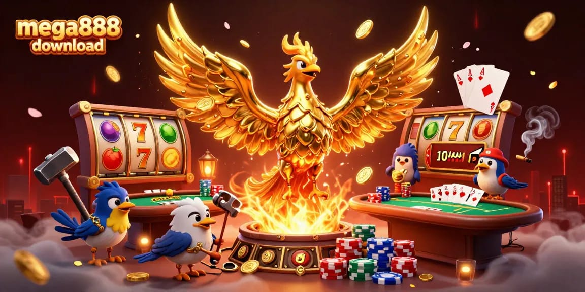 Engage in the exciting mega888 download experience with a vibrant 3D golden phoenix and dynamic casino elements.