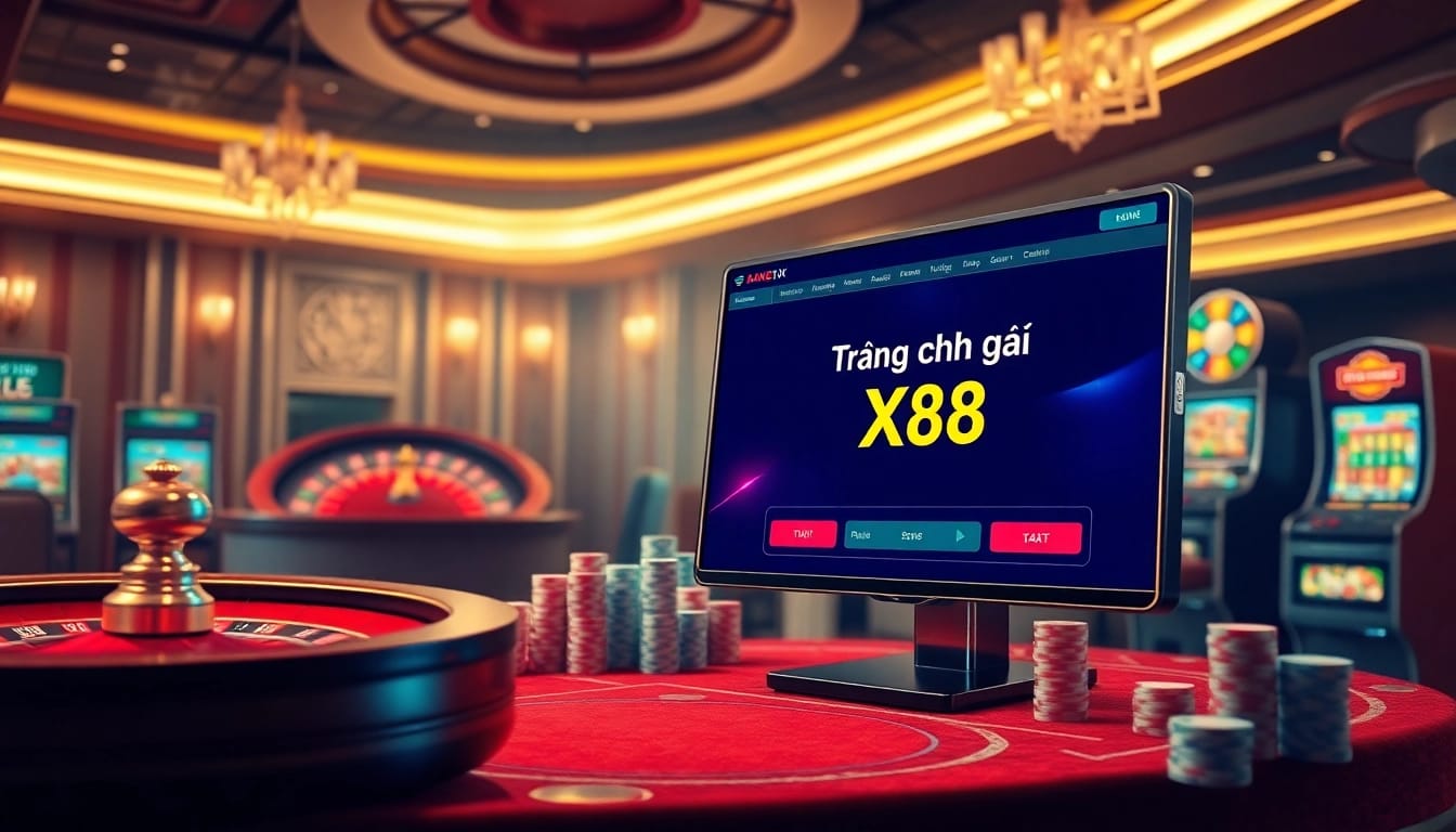 An exciting scene at Trang chủ X88 showcasing vibrant online gambling elements with roulette and poker chips.
