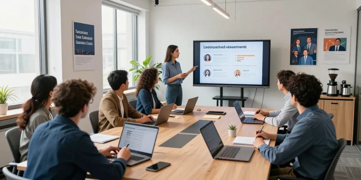 Die Mitarbeiter bewerten aktiv die Arbeitskultur im modernen Büro.