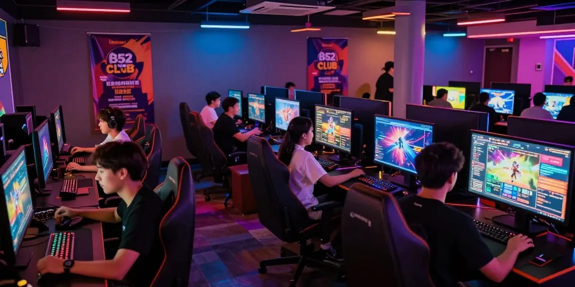 Exciting gaming scene at https://b52club.radio.fm/ with players celebrating wins amid vibrant lights.