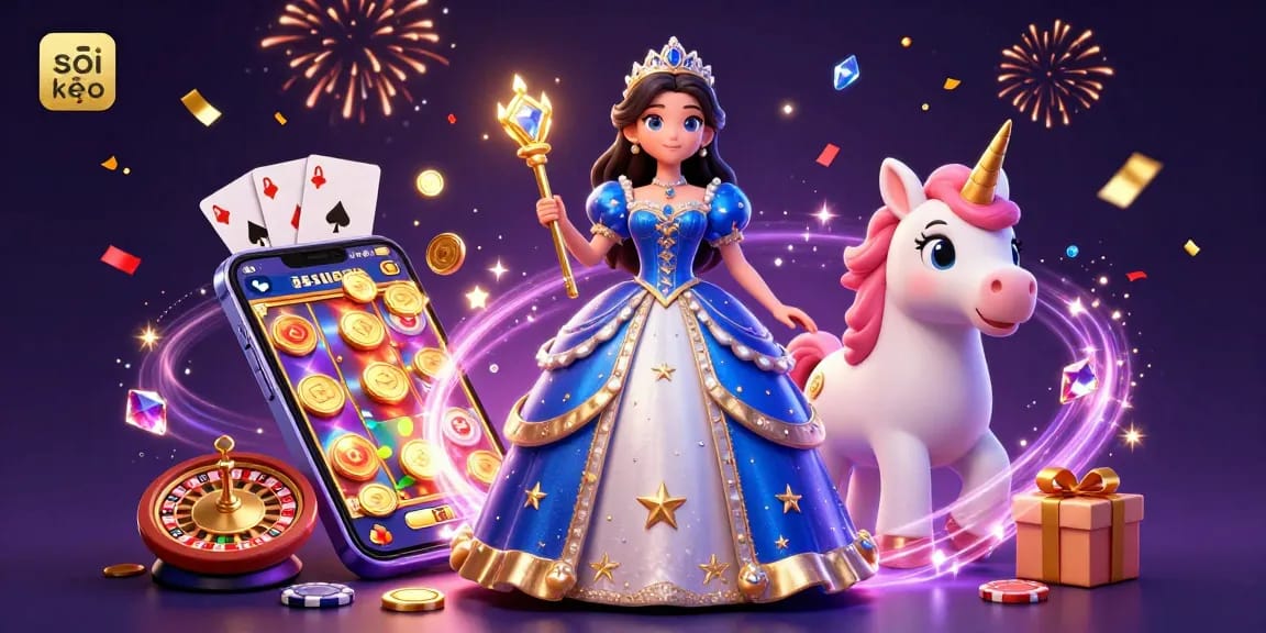 Soi kèo sports betting scene with a woman in royal blue dress, unicorn, and vibrant gambling elements.