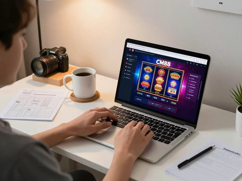 CM88 player strategizing online slots at home desk, enjoying fast-paced gaming experience.