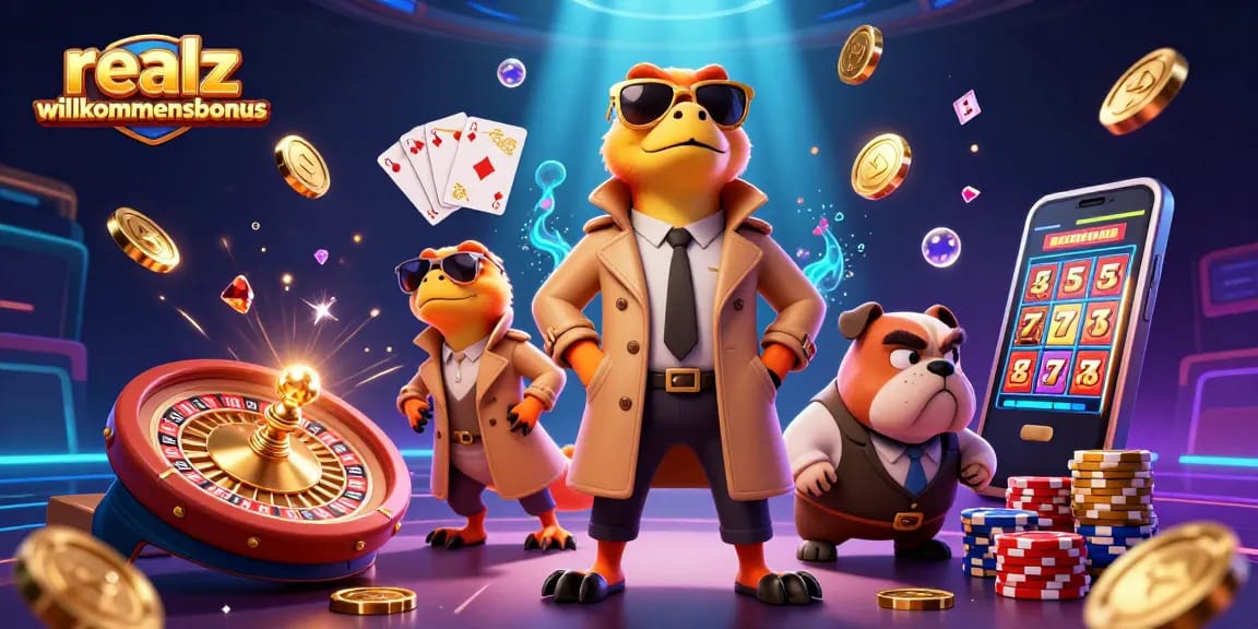 Erlebe den realz Casino Willkommensbonus mit aufregenden Casino-Elementen in einer 3D-Illustration.