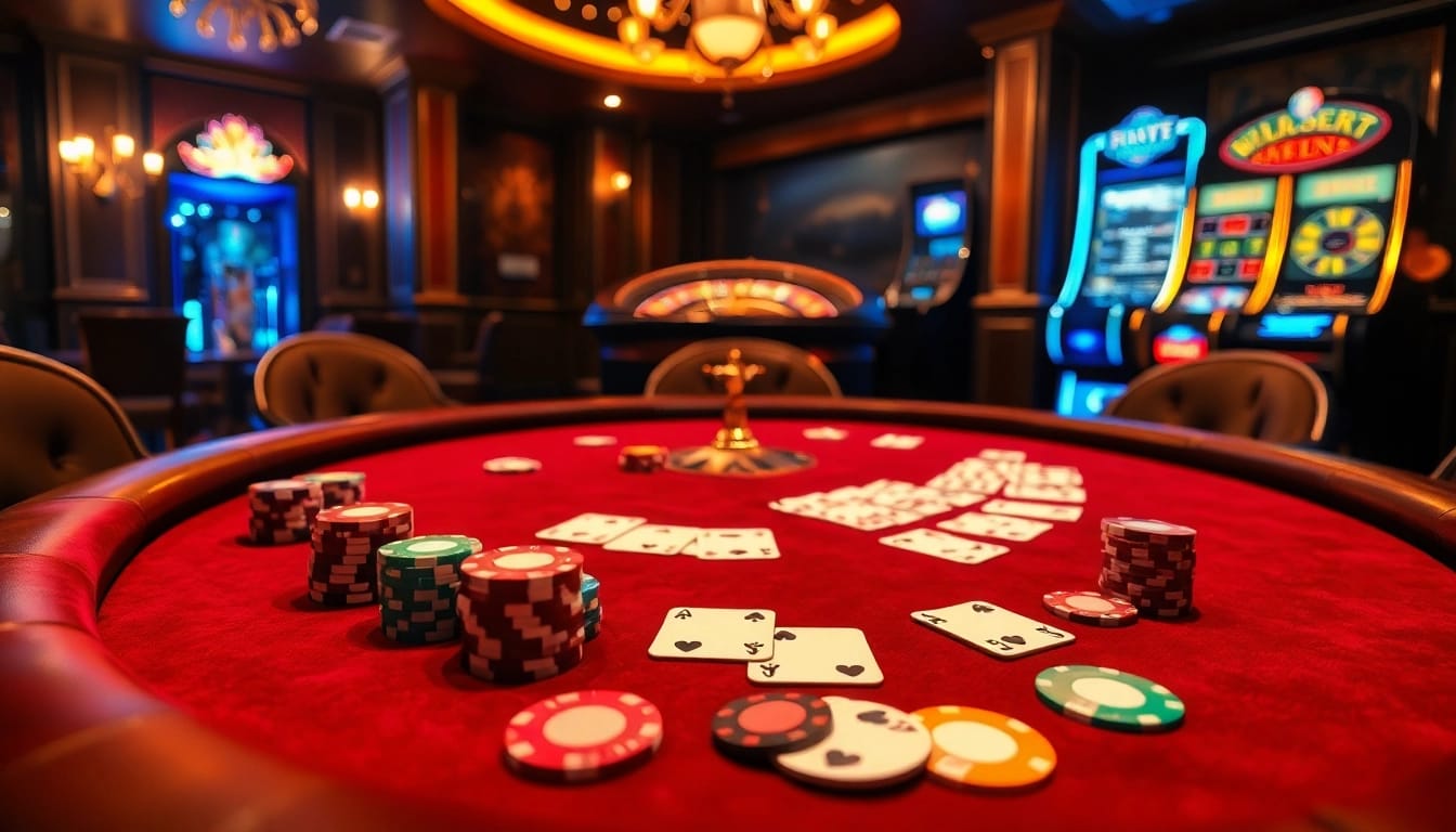 Experience thrilling poker action at gamebaidoithuong.trading with vibrant chips and playing cards in a luxurious casino setting.