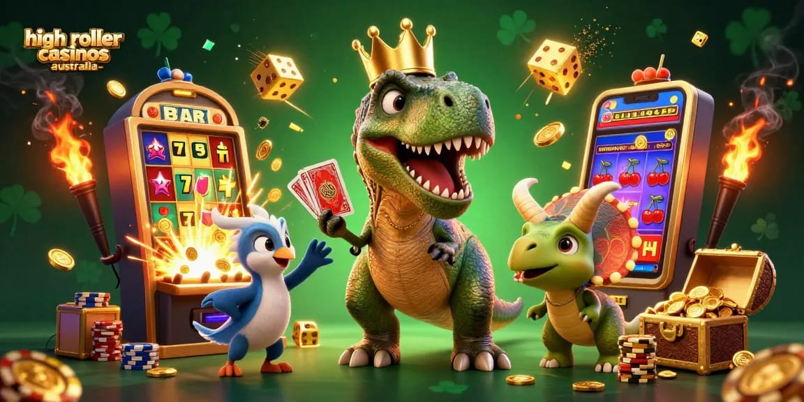Experience exhilarating gameplay at high roller casinos Australia featuring vibrant casino elements and animated characters.