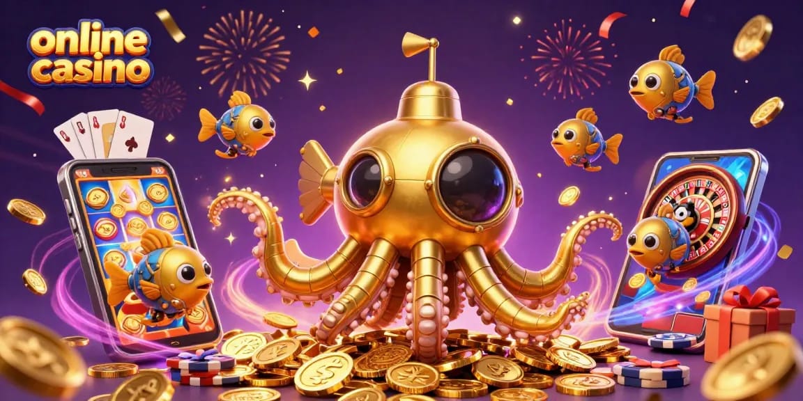 Engage in the excitement of online casino gaming with a vibrant 3D illustration showcasing colorful games and rich elements.