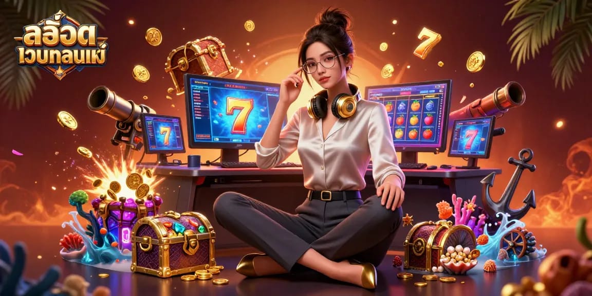 Play 슬롯เว็บตรงแท้ with vibrant slot reels and jackpot excitement in an immersive digital setup.