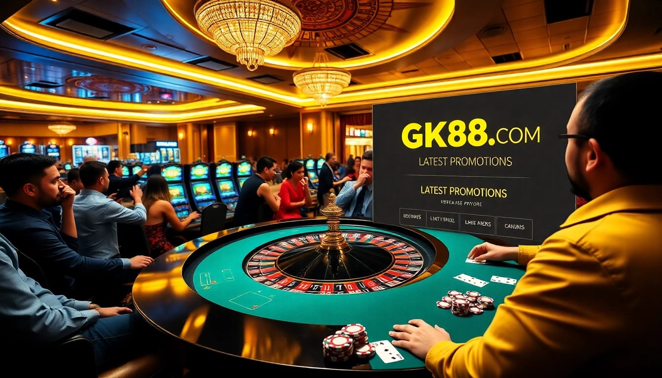 Excitement at GK88.COM casino with roulette and vibrant slot machines lighting up the scene.