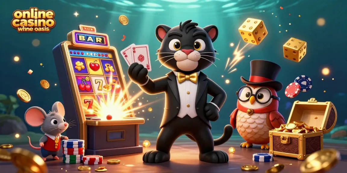 Experience the excitement at an online casino ohne oasis with vibrant characters and slot machines.