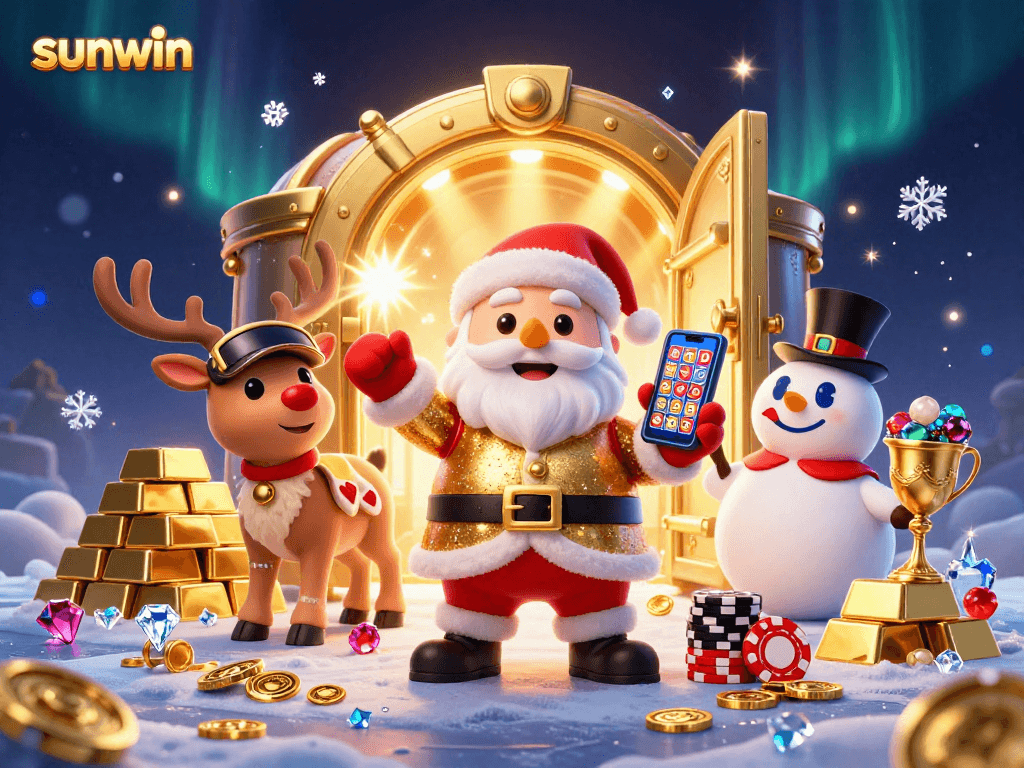 Win big with sunwin at a vibrant casino scene featuring festive characters and treasures.
