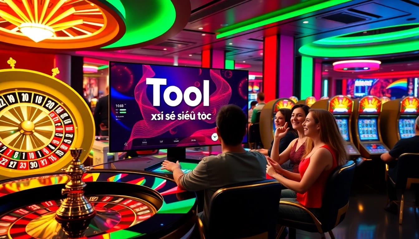 Engage with Tool xổ số siêu tốc in a vibrant online casino scene featuring roulette wheels and slot machines.