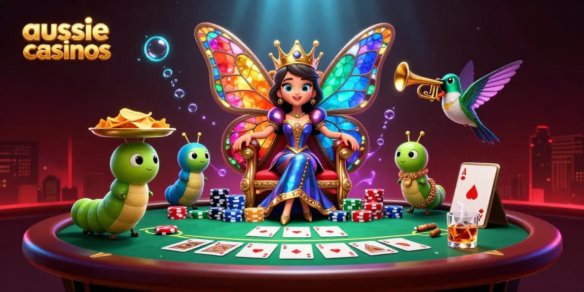 A stunning scene of aussie casinos featuring a butterfly queen, poker chips, and a vibrant backdrop.