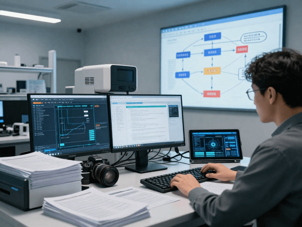 Document fraud detection analysis in a modern tech lab with advanced AI systems assessing documents.
