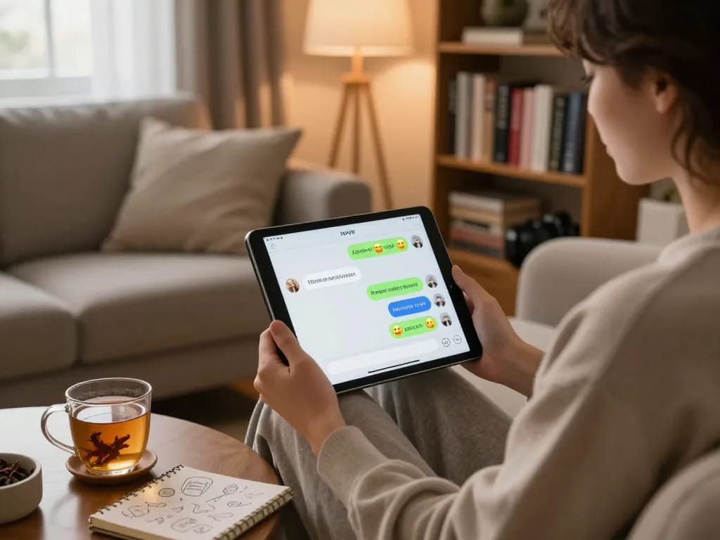 Interactive nsfw chat bot interface on a tablet in a cozy home setting.