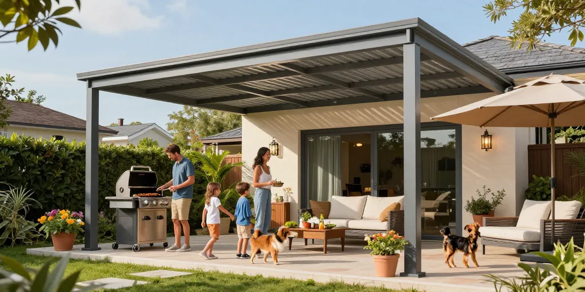Moderne Terrassenüberdachungen auf einer einladenden Terrasse mit Familie.
