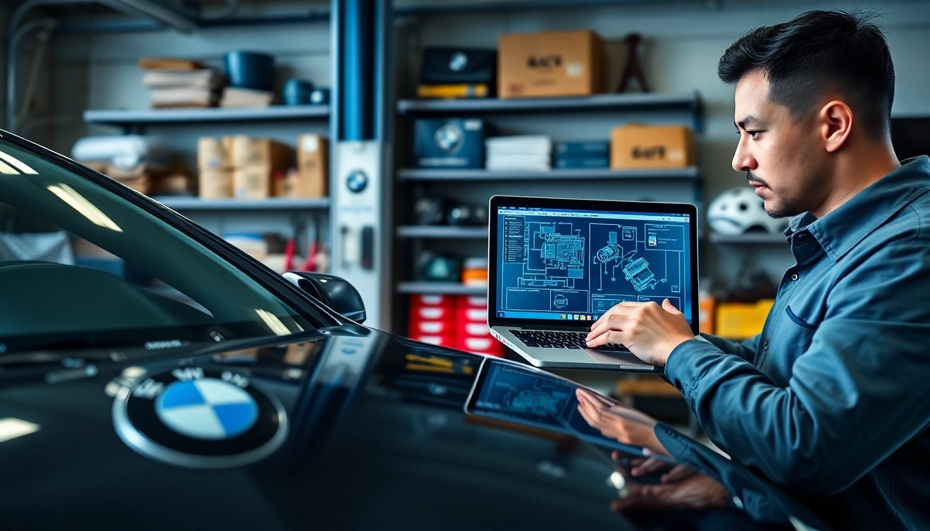 BMW Codierer analysiert ECU in einer modernen Werkstatt mit Laptop.
