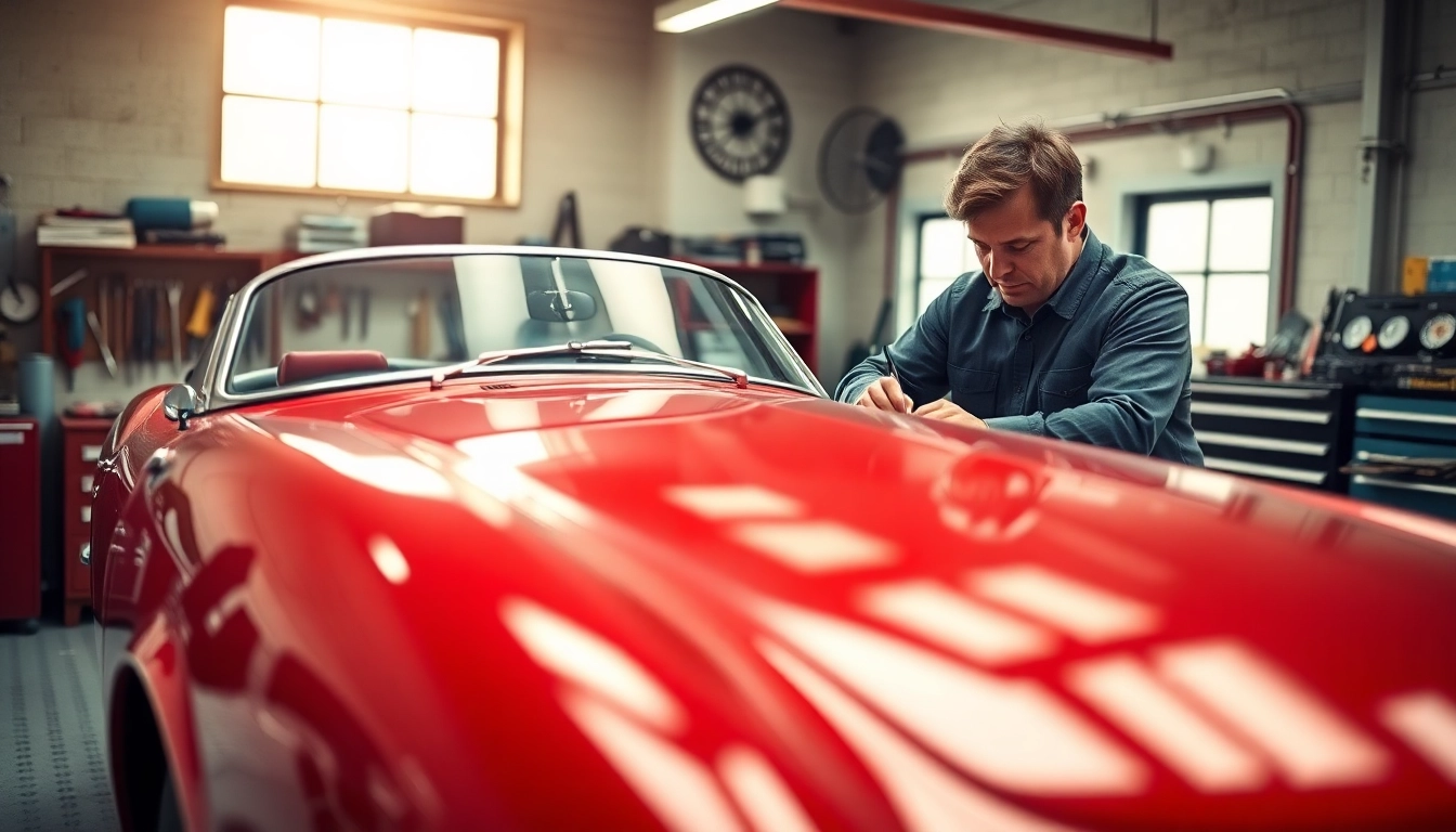 Oldtimer Gutachten im Prozess, mit einem klassischen Auto und professionellen Inspekteuren in einer eleganten Garage.