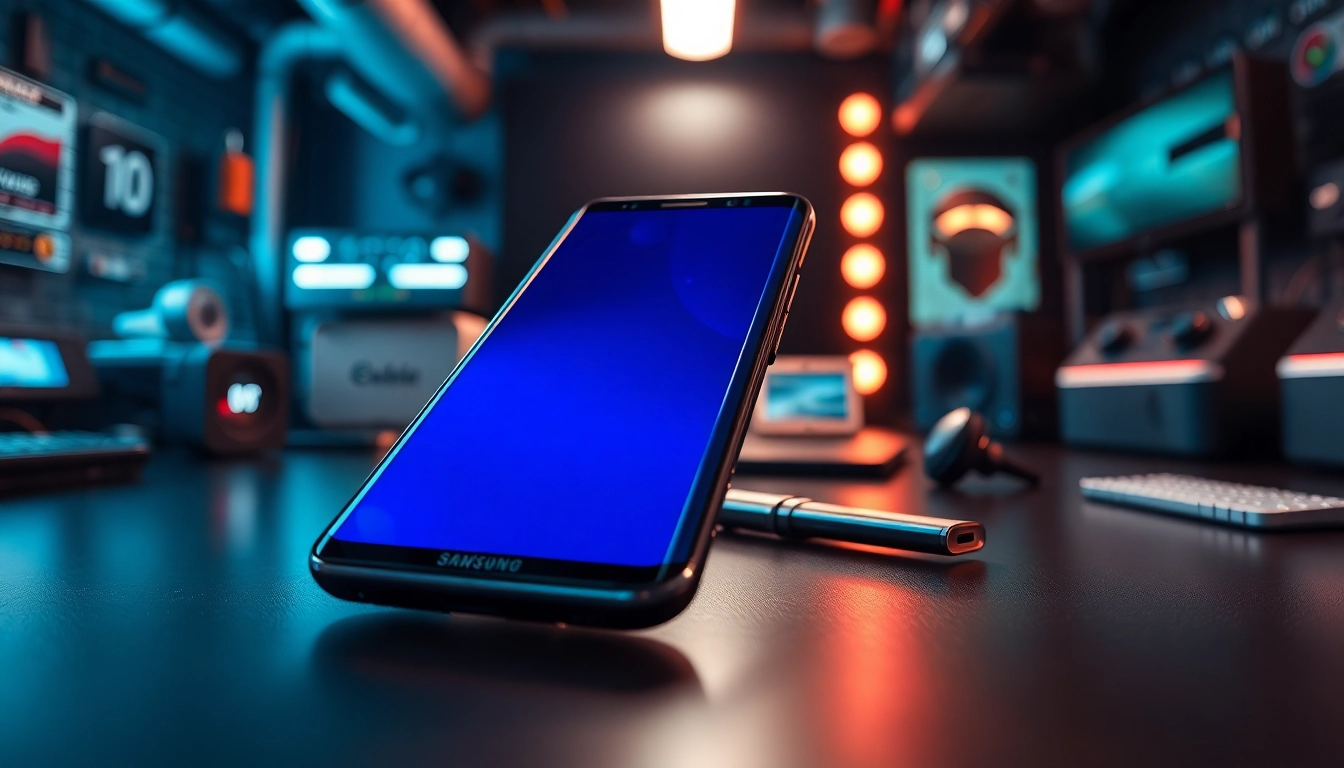 Samsung Galaxy S8 with vibrant display and sleek design in a tech environment
