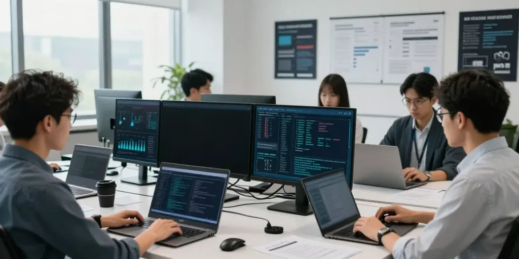 IT-Dienstleister Frankfurt - Modernes Team für Cybersicherheit arbeitet an Echtzeit-Datenanalysen in einem hellen Büro.