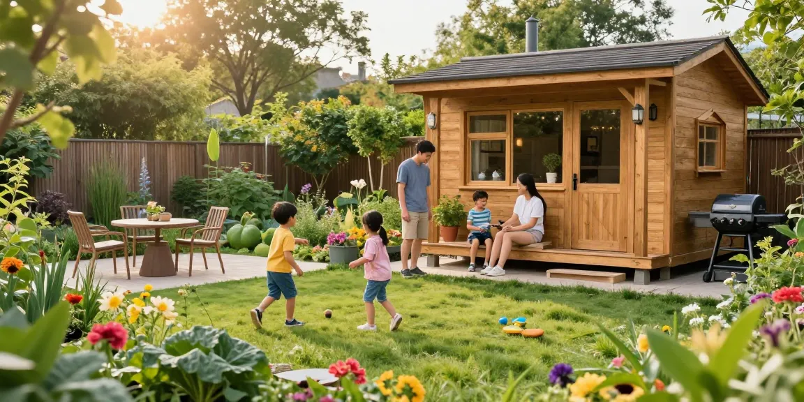 Familie genießt ihr neues Gartenhaus bei McGarden24, während Kinder im Garten spielen. Gartenhaus kaufen für Wohlfühl-Oasen.