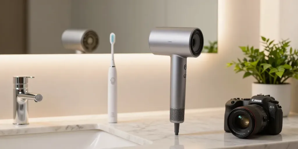 Laifen de Produkte im eleganten Badezimmer - Haartrockner und Zahnbürste in stilvollem Design.