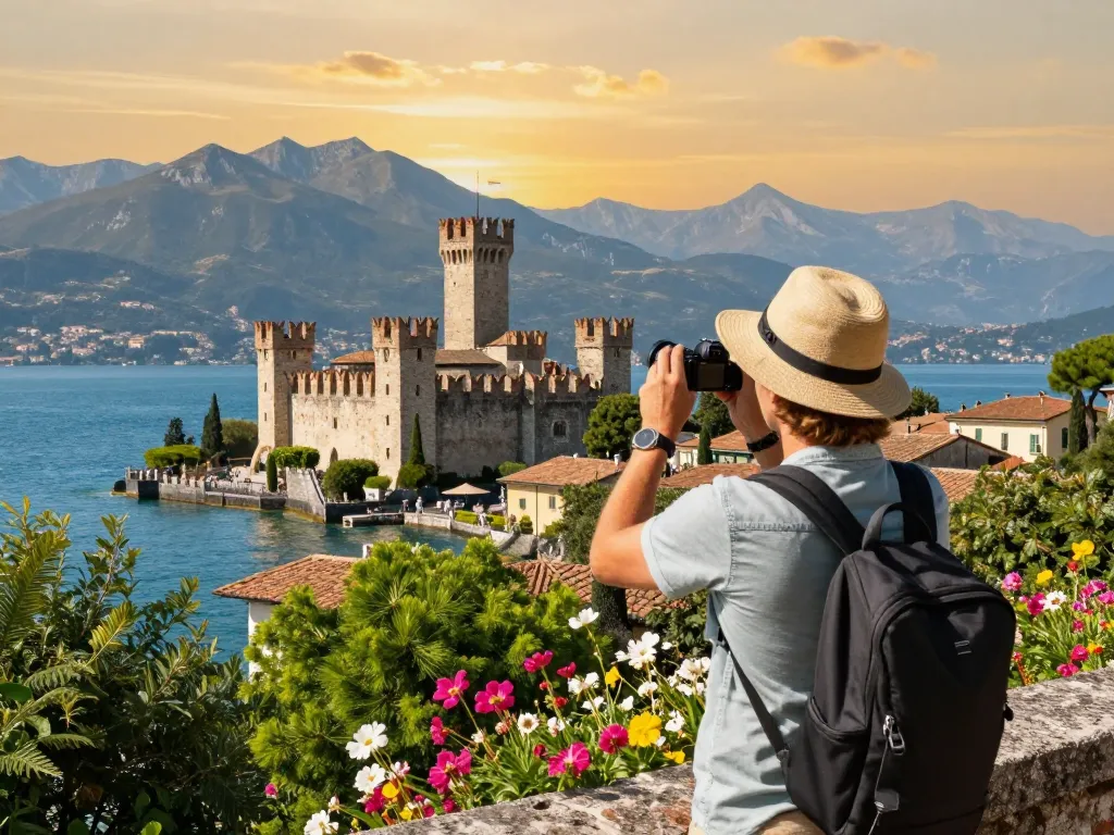Gardasee Reisetipps: Malerische Ansicht von Sirmione mit Reisendem, der bei Sonnenuntergang Erinnerungen festhält.