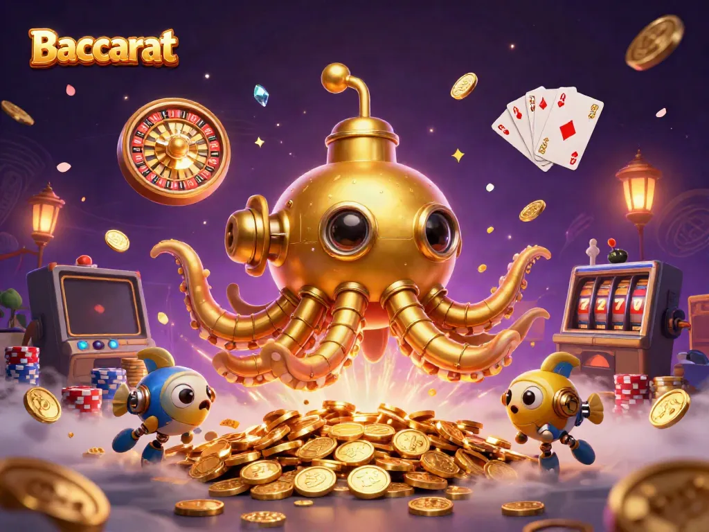 Engaging Baccarat scene with exciting gaming elements like cards, coins, and a submarine character.