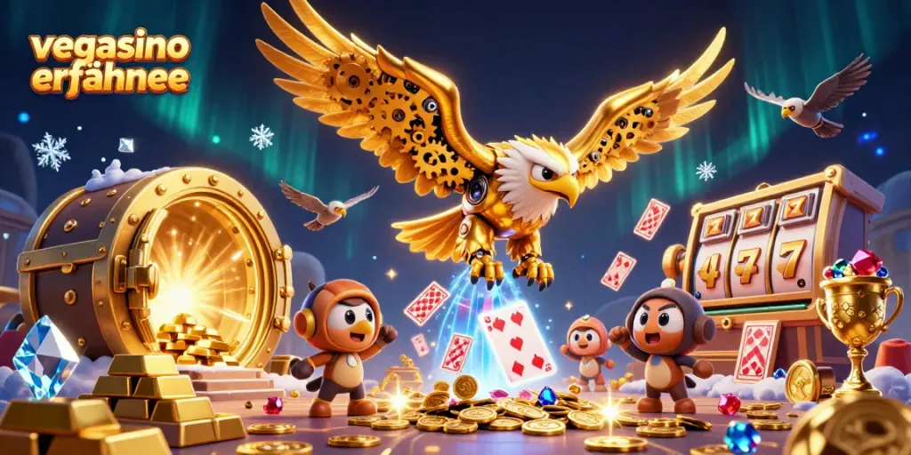 Engage with vegasino erfahrungen through dynamic 3D illustration featuring golden eagle and casino elements.