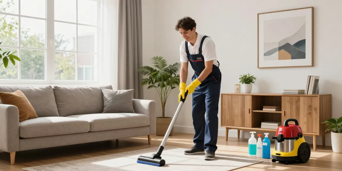 Professional cleaner in a bright living room showcasing reinigungsfirmen in bern service quality.
